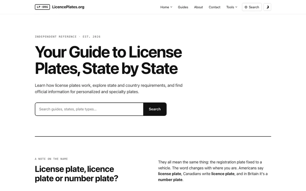 Preview of the LicencePlates.org home page